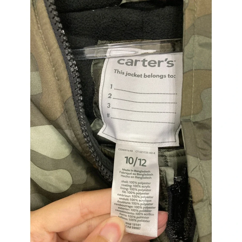 NWT Carters Boys 2 Piece Snowsuit 10/12 Green Camo Jacket Snow Bibs Winter Set